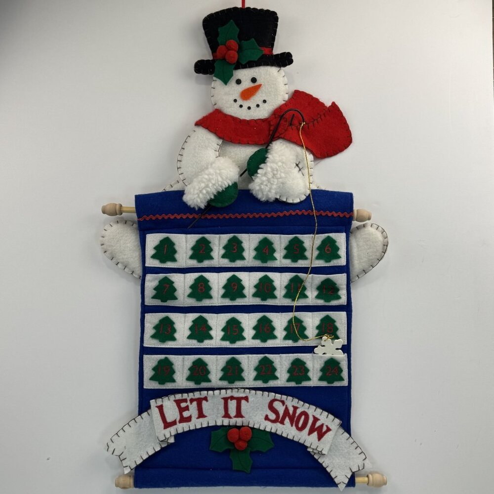 Vintage Snowman Let It Snow Advent Calendar Wall Hanging Christmas Felt Plush
